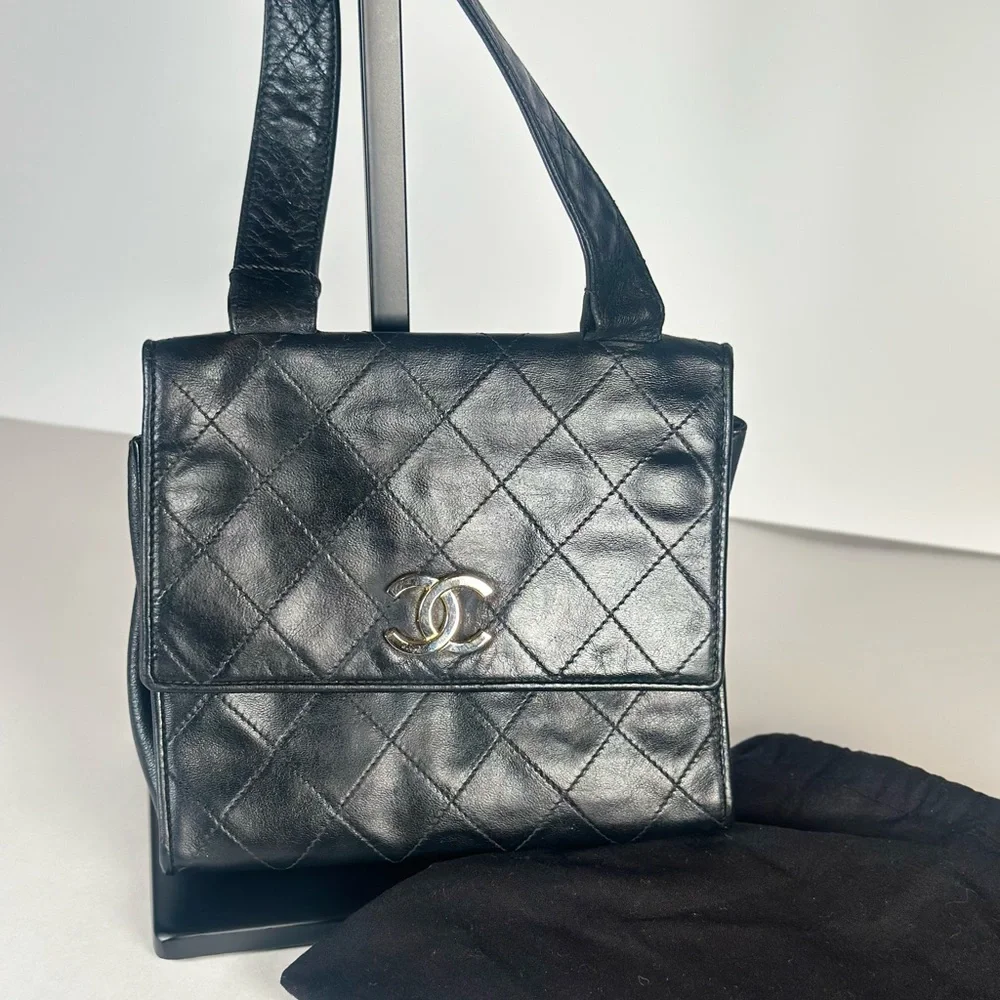 Authentic CHANEL Black Quilted Leather Crossbody Vintage
